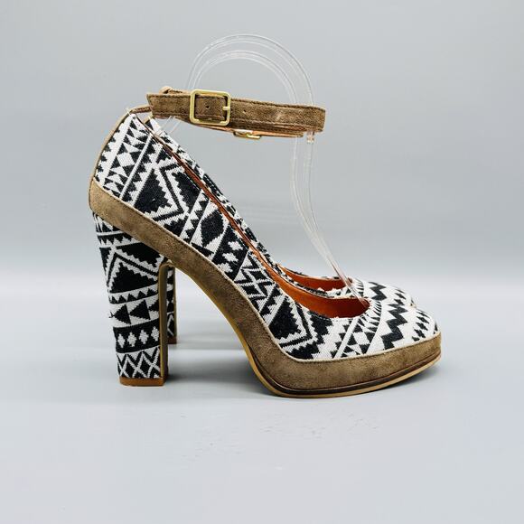 Schuler & Sons Shoes Womens 7.5 Black White Geometric Chunky Heels Anthropologie - Picture 1 of 12